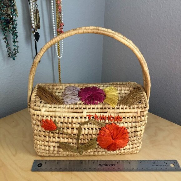 Vintage Straw Hamper Handbag with Raffia Flowers - Picture 1 of 6